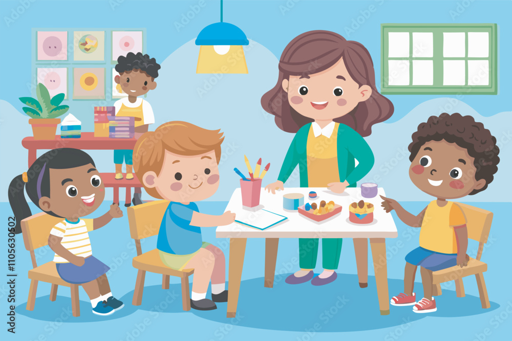 Artistic activities in a classroom with four kids, curly hair girl, blonde boy, dark shirt boy, and another girl, surrounded by educational items, framed pictures, and a sunny window with a cheerful, Artistic activities in a classroom with four kids, curly hair girl, blonde boy, dark shirt boy, and another girl, surrounded by educational items, framed pictures, and a sunny window with a cheerful,