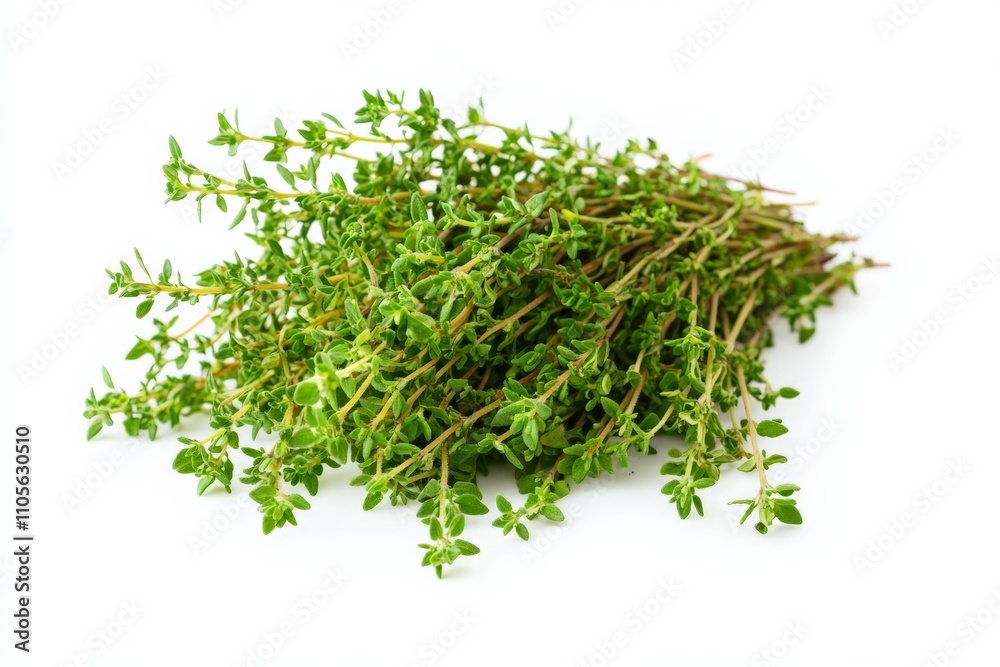 A collection of fresh thyme herbs with lush green leaves, displayed on a white surface. This photo is ideal for representing cooking ingredients or nature themes. A collection of fresh thyme herbs with lush green leaves, displayed on a white surface. This photo is ideal for representing cooking ingredients or nature themes.