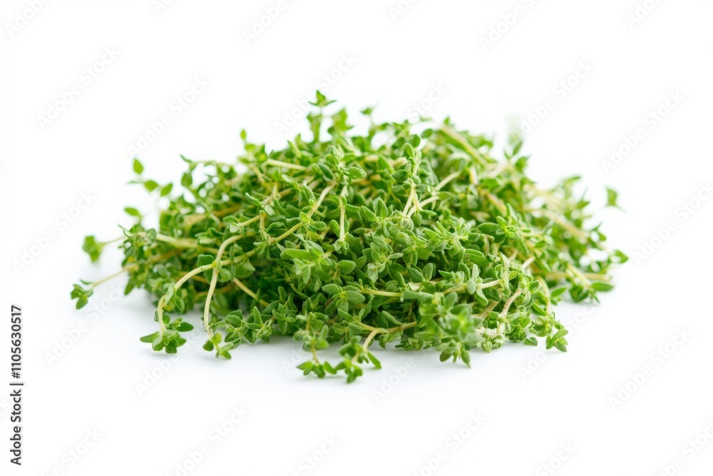 A mixture of fresh thyme stems and tiny green leaves arranged in a pile on a white surface, capturing the essence of nature and culinary arts perfectly. A mixture of fresh thyme stems and tiny green leaves arranged in a pile on a white surface, capturing the essence of nature and culinary arts perfectly.