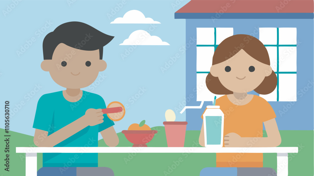 Two kids sit outdoors at a picnic table with fruit, oranges and apples. Boy holds an orange, girl holds milk. Purple-roof structure, house, clouds in the backdrop. Two kids sit outdoors at a picnic table with fruit, oranges and apples. Boy holds an orange, girl holds milk. Purple-roof structure, house, clouds in the backdrop.