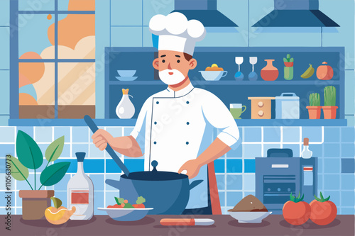 A chef in a white uniform cooks in a well-equipped kitchen with utensils, fruits, and vegetables. Natural light and spacious layout create a professional setting.