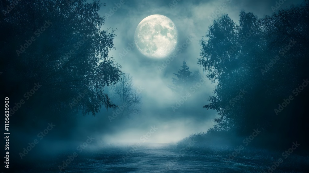 Mystical Moonlit River Scene Enveloped in Foggy Forest Mystical Moonlit River Scene Enveloped in Foggy Forest