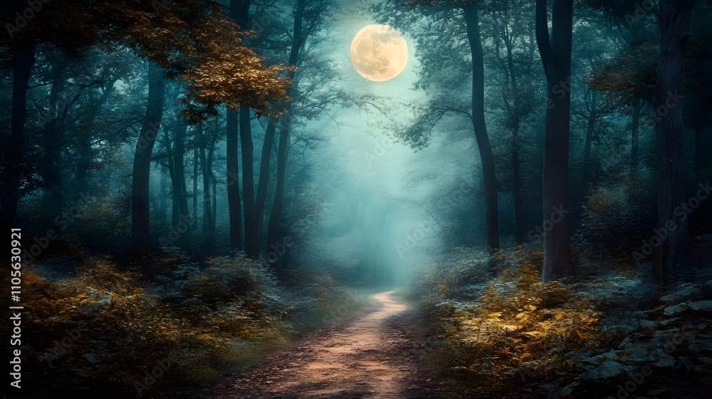 Obraz premium Moonlit Path Through A Mystical Forest At Night