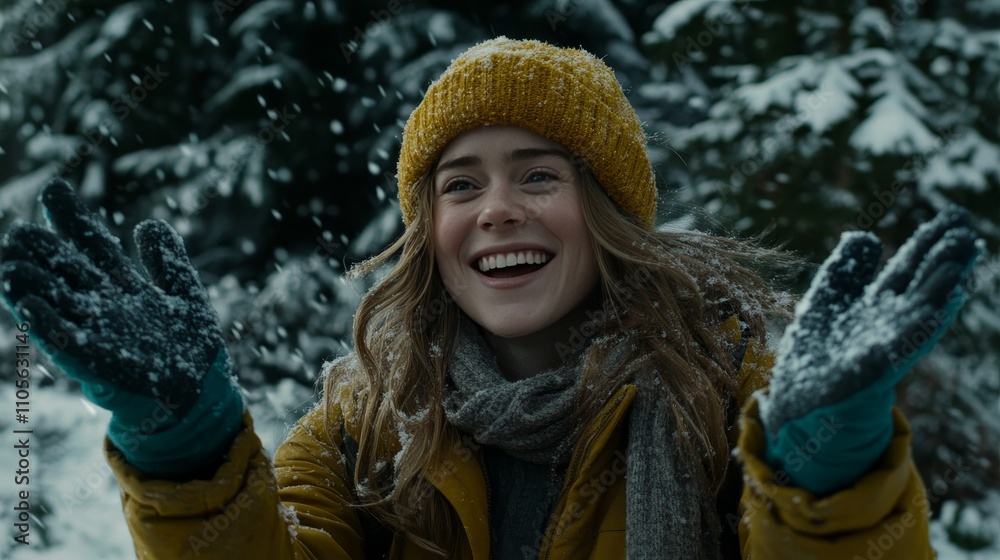 Smiling young woman enjoying a winter walk, extending her gloved hands to catch the falling snowflakes while surrounded by snow-covered trees in a peaceful winter landscape Smiling young woman enjoying a winter walk, extending her gloved hands to catch the falling snowflakes while surrounded by snow-covered trees in a peaceful winter landscape