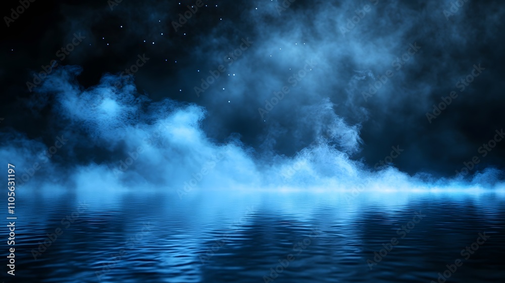 Fototapeta premium Blue Fog Over Water Under Night Sky