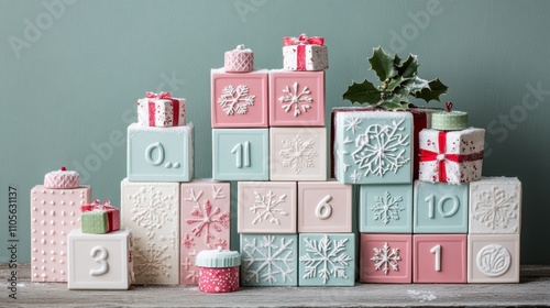Festive advent calendar blocks with snowflake designs and gift boxes, AI