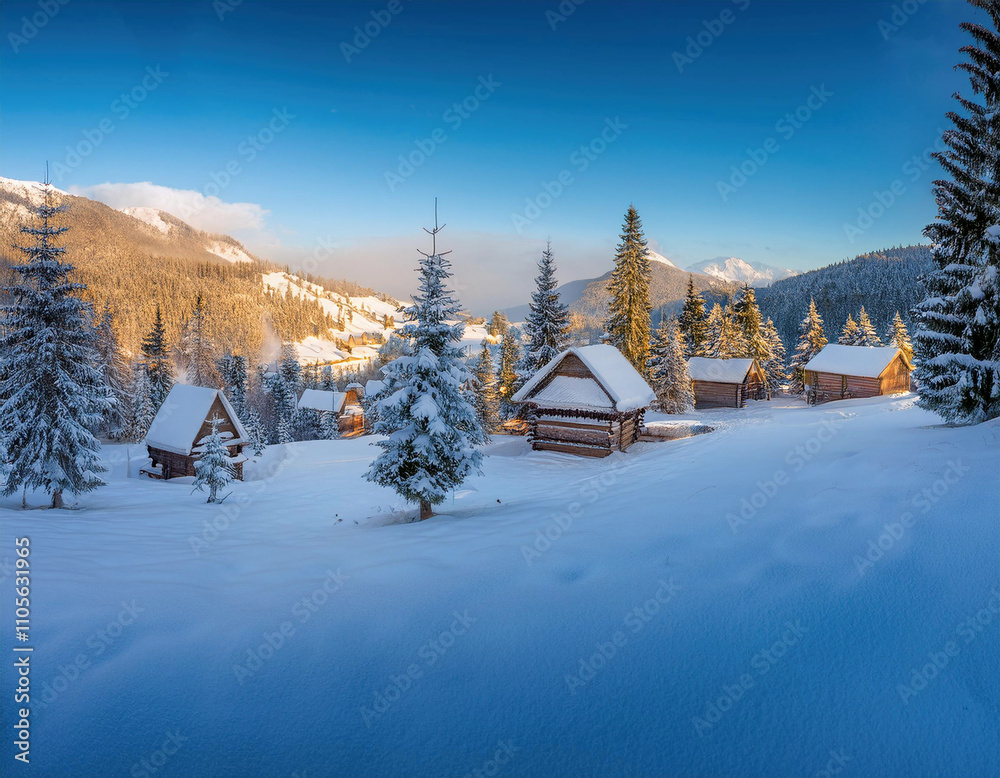 Naklejka premium A picturesque winter landscape shows snow-covered cabins nestled among evergreen trees with mountains in the background against a bright blue sky.