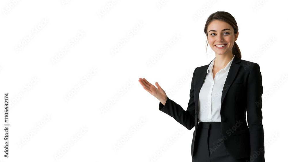 Woman smiling and pointing at copy space on side,isolated on white background,web banner.