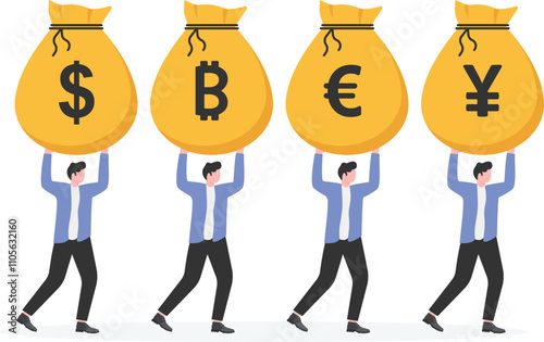 Global financial economy development and money investment saving, four businessmen of different currencies standing in front of four money bags

