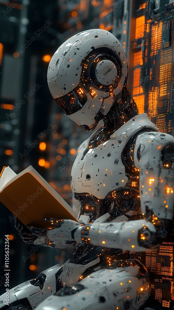 Fototapeta premium A robot is intently reading a book. Every letter it sees seems to be absorbed by its processor, pushing it beyond the limits and becoming an AI with intelligence that is increasingly close to humans.