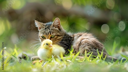 Close to an embryo are a feline and an infant chick It is a peaceful sight