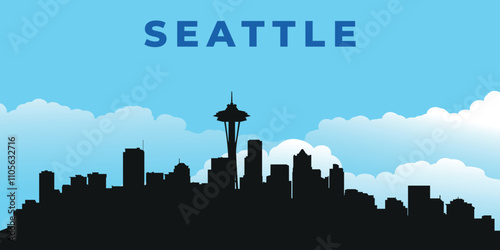 Seattle. Black silhouette of the city skyline. Vector on the background of blue sky with white clouds