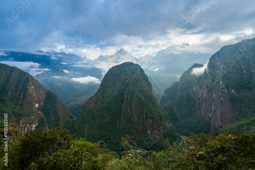 Phutuq K'usi (Putucusi) mountain by Urubamba River seen from the trail to Machu Picchu, Sacred Valley, Peru photo