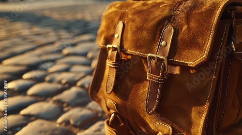 Close up of a trendy suede rucksack on a stone ground with gold inlays