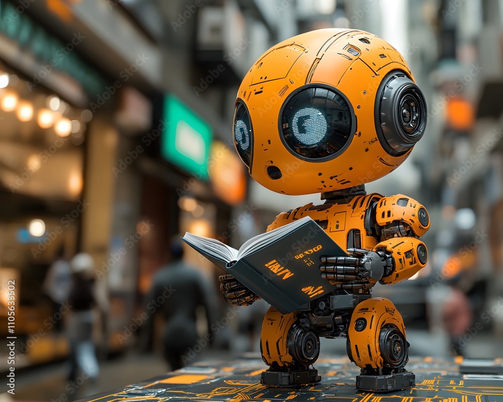 A robot is intently reading a book. Every letter it sees seems to be absorbed by its processor, pushing it beyond the limits and becoming an AI with intelligence that is increasingly close to humans. A robot is intently reading a book. Every letter it sees seems to be absorbed by its processor, pushing it beyond the limits and becoming an AI with intelligence that is increasingly close to humans.