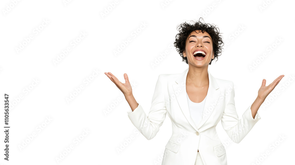 woman in professional attire,hands raised and cheering for victory ,copy space,web banner.