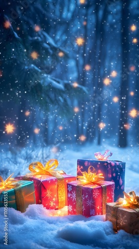 Whimsical christmas night with colorful presents glo AI generated illustration
