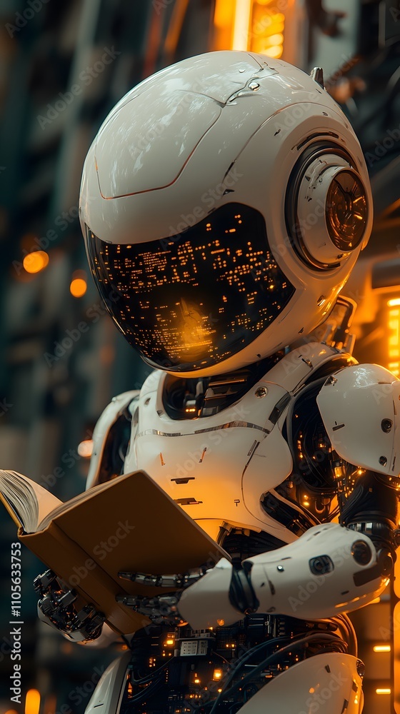 Fototapeta premium A robot is intently reading a book. Every letter it sees seems to be absorbed by its processor, pushing it beyond the limits and becoming an AI with intelligence that is increasingly close to humans.