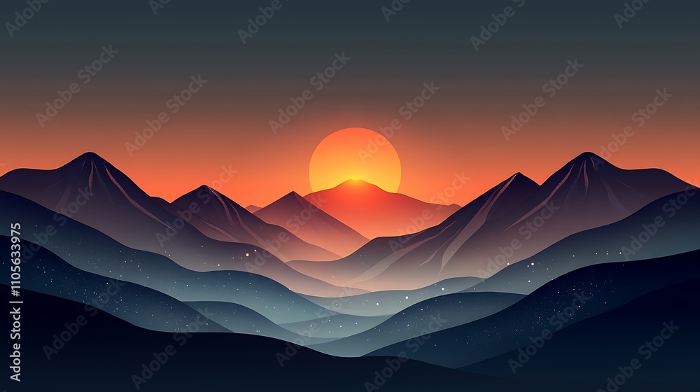 Sunset over majestic mountain range, with layers of hills and valleys, showcasing vibrant orange and dark blue hues. Sunset over majestic mountain range, with layers of hills and valleys, showcasing vibrant orange and dark blue hues.