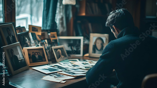 Man Examining Old Photos Realistic Image
