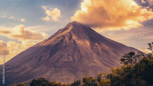 Volcano captures the breathtaking beauty of a majestic peak under a dramatic sky, enveloped in clouds, portraying natures awe inspiring grandeur.