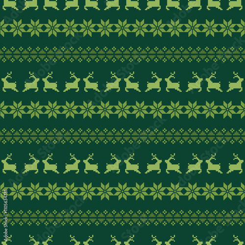 Christmas Sweater Pattern Design Seamless Pixel Art background. Nordic Xmas style Rows of Reindeer, Snowflakes, Stars, Holly Berries, and trees Green Knit Background