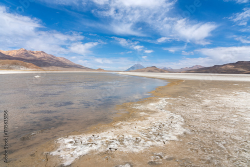 El Misti and Chachani volcanoes seen from salt flats of Salinas y Aguada Blanca National Reserve, Arequipa Region, Peru photo