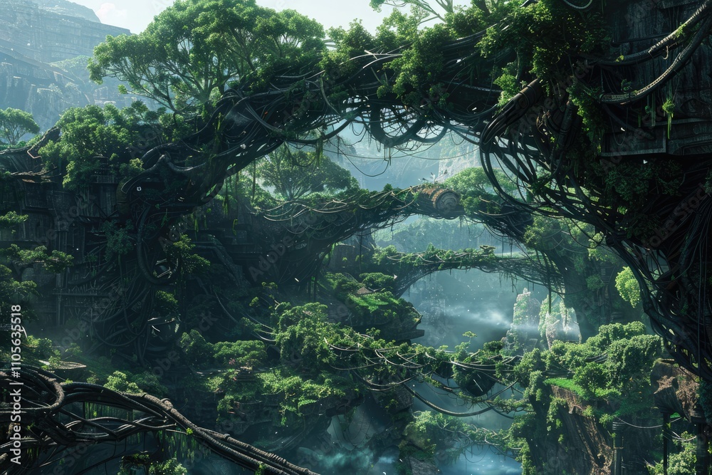 Lush Green Canopy Overgrown on Ancient, Twisted Structures Lush Green Canopy Overgrown on Ancient, Twisted Structures