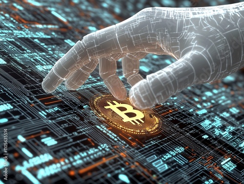 A futuristic hand reaches for a glowing Bitcoin symbol on a digital circuit backdrop, representing the intersection of technology and cryptocurrency.