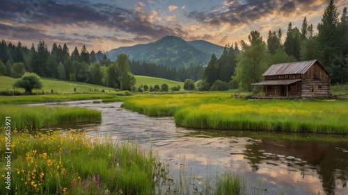 Serene sunrise over mountain valley, rustic cabin by river.