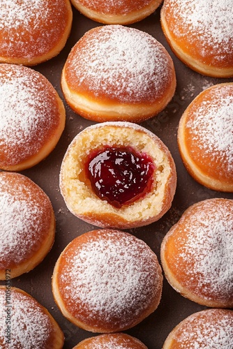 Hanukkah sweet food doughnuts sufganiyot with powdered sugar and fruit jam on light background. Dessert for Jewish holiday Hanukkah. Flat lay, top view photo