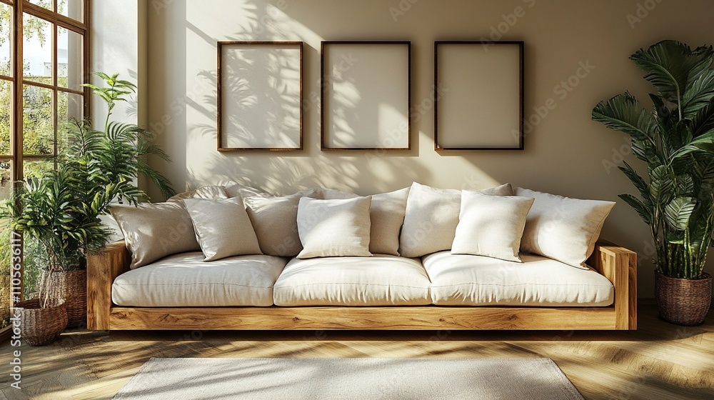 Elegant Japandi Style Living Room with Light Wood Sofa, White Cushions, Beige Pillows, and Soft Lighting – A Minimalist Interior Design Highlighting Clean Lines and Natural Beauty Elegant Japandi Style Living Room with Light Wood Sofa, White Cushions, Beige Pillows, and Soft Lighting – A Minimalist Interior Design Highlighting Clean Lines and Natural Beauty