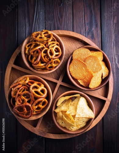  Salty snacks. Pretzels, chips, crackers photo