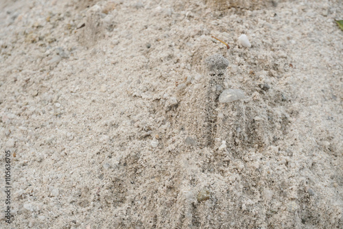 This high-angle close-up showcases a substantial pile of light gray construction sand.