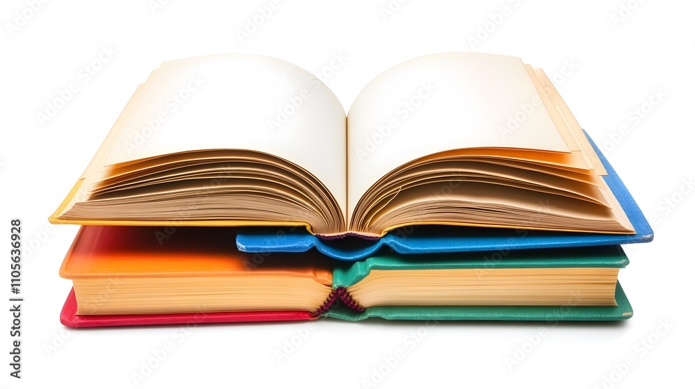 A stack of colorful books with blank pages on a white background, in a flat lay A stack of colorful books with blank pages on a white background, in a flat lay