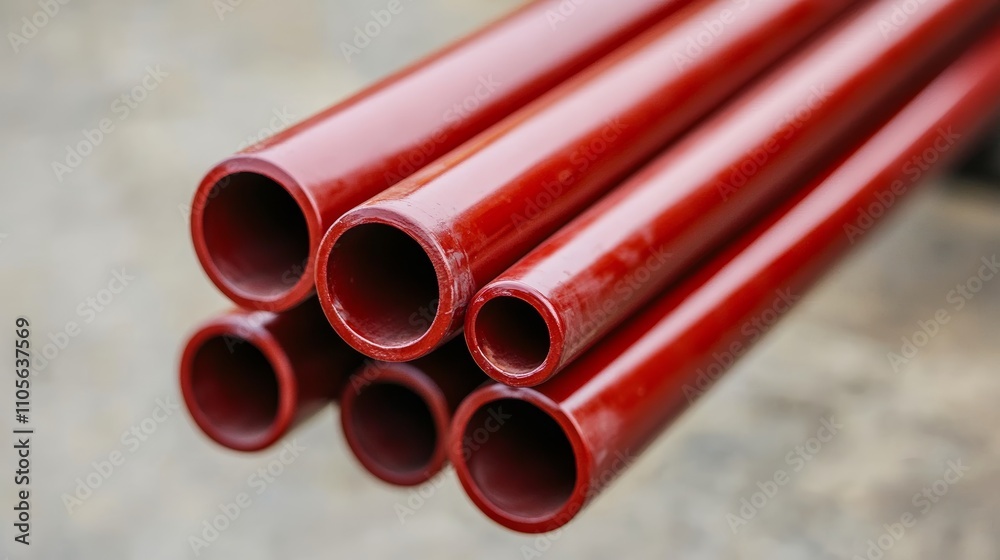 Rust-proof red steel pipes coated with protective paint in a factory, used for water plumbing and industrial systems, offering corrosion resistance and long-lasting durability