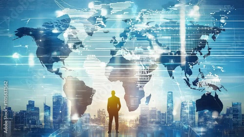Silhouette of a businessman standing in a cyberspace with moving digital elements, planet model, world map hologram. Augmented reality, metaverse motion graphics. Futuristic setting, skyscrapers.