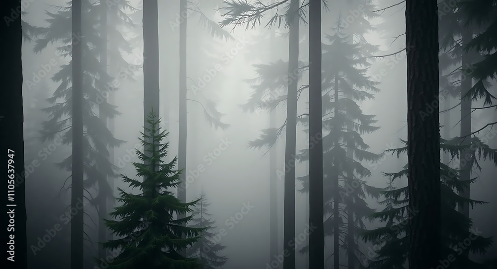 Obraz premium Mystical misty forest with fir trees, vintage retro style, cozy ambiance