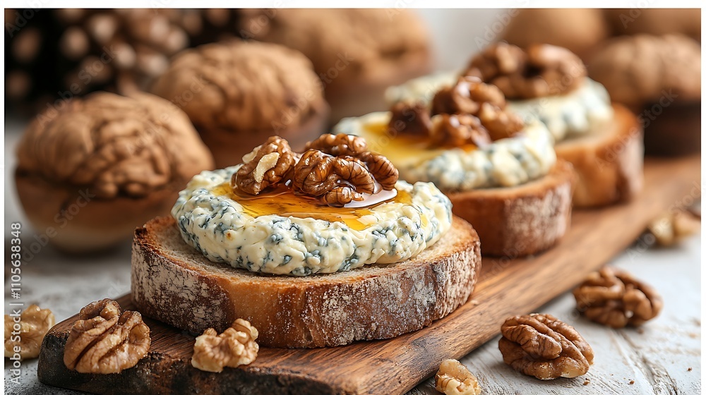 Toasted bread with creamy blue cheese, walnuts, and honey.