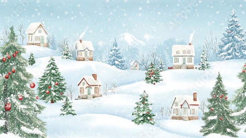 Winter wonderland Christmas village scene with white houses and fir trees on a light blue background, creating a seamless fairytale winter landscape border, perfect for holiday and festive designs