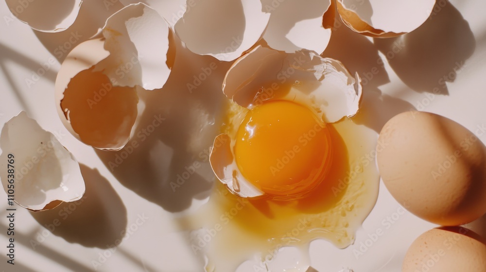 Cracked egg with yolk spilling out surrounded by empty eggshells, symbolizing food safety recall on clean white surface. Cracked egg with yolk spilling out surrounded by empty eggshells, symbolizing food safety recall on clean white surface.