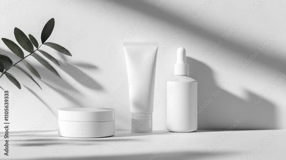 Minimalist white cosmetic containers with plant. Minimalist white cosmetic containers with plant.