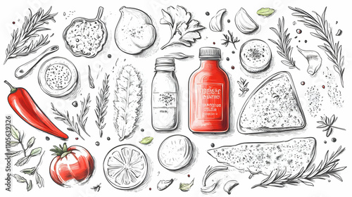 Hand Drawn Illustration of Fresh Herbs, Vegetables, and Spices for a Delicious Dish photo