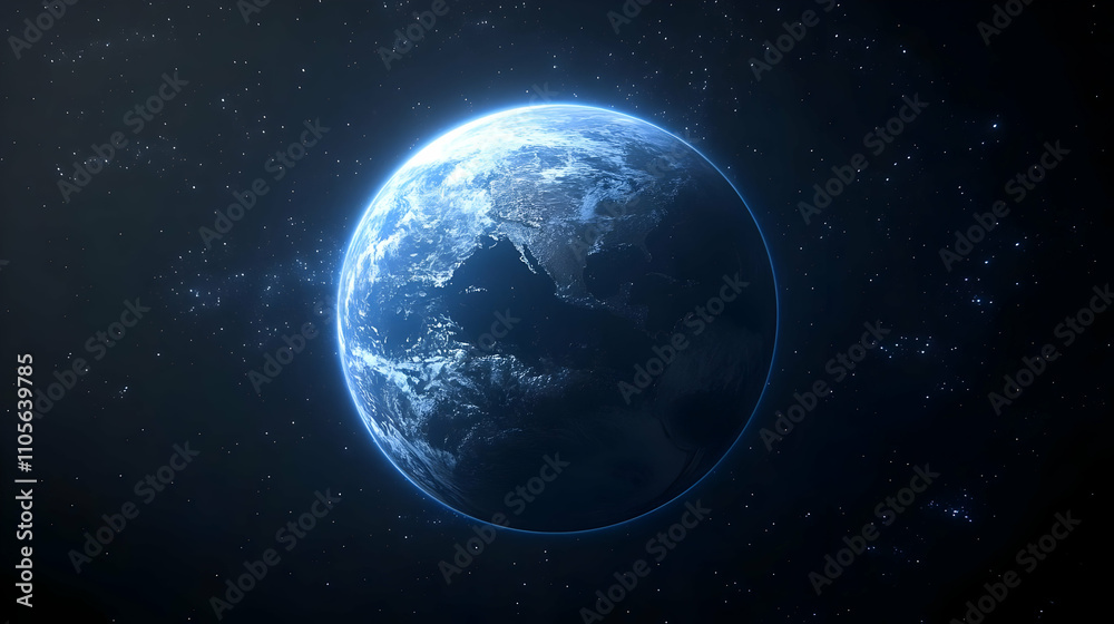Fototapeta premium A Realistic Digital Illustration of Earth, Glowing Brightly Against a Dark, Starry Background