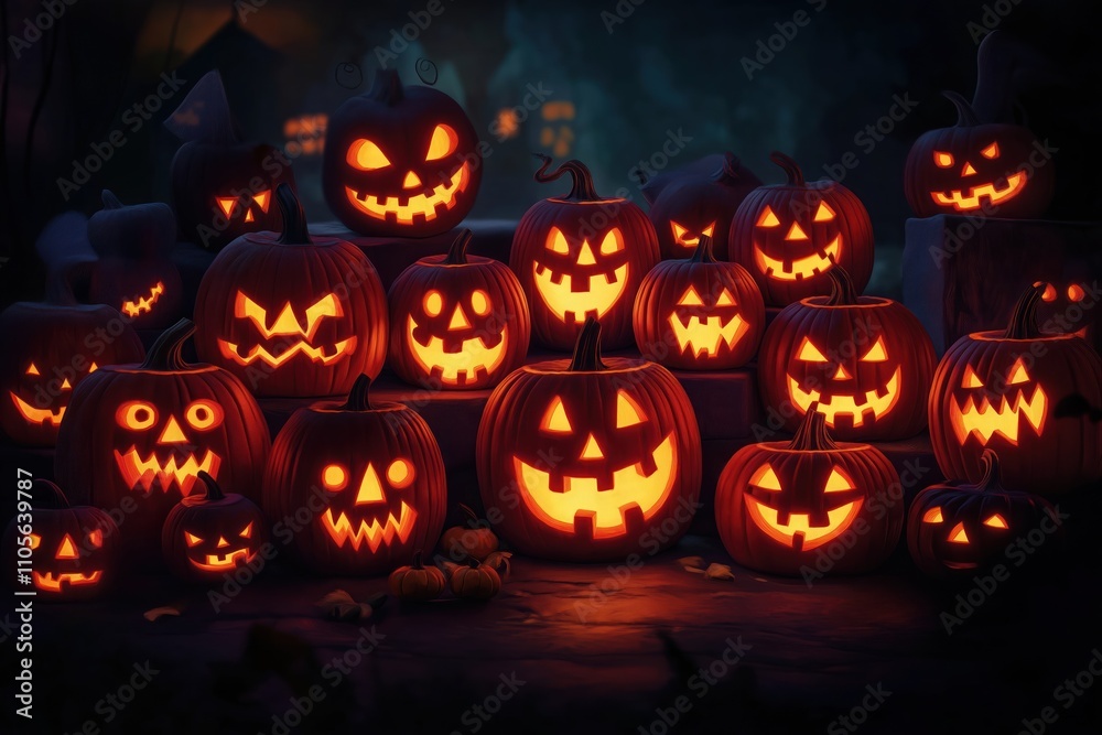 Illuminated carved pumpkins display various evil faces. Halloween night. Dark setting. Many pumpkins glow with orange light. Spooky atmosphere. Autumn night. Festive scene. Scary faces. Illuminated carved pumpkins display various evil faces. Halloween night. Dark setting. Many pumpkins glow with orange light. Spooky atmosphere. Autumn night. Festive scene. Scary faces.