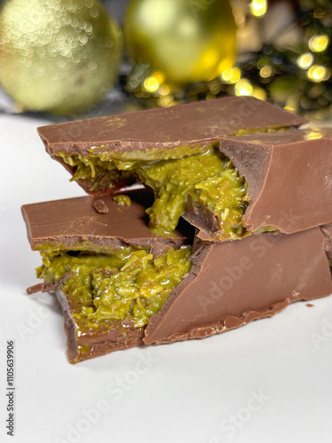 Photography close photo of dubai chocolate on festive background