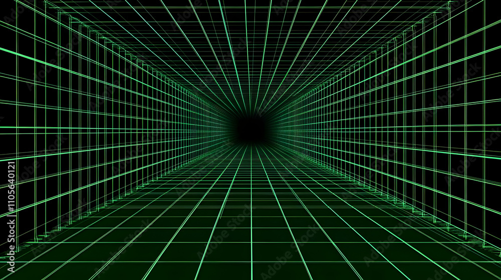 Fototapeta premium Abstract 3D Green Grid Tunnel Background for Futuristic Cyberpunk Designs
