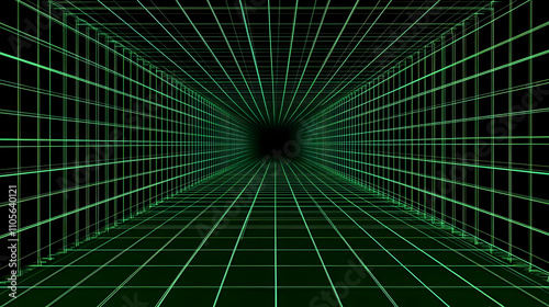 Fototapeta Naklejka Na Ścianę i Meble -  Abstract 3D Green Grid Tunnel  Background  for  Futuristic  Cyberpunk  Designs
