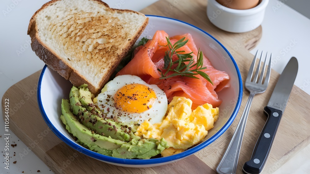 Breakfast Bowl with Fried Egg, Fresh Avocado, and Smoked Salmon Breakfast Bowl with Fried Egg, Fresh Avocado, and Smoked Salmon