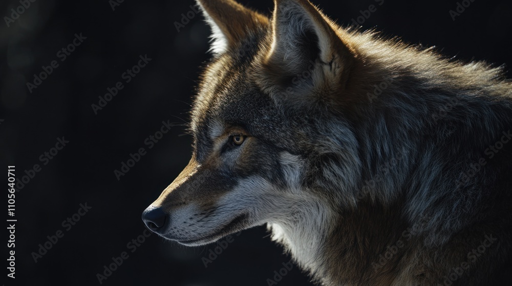 Captivating Close-Up of a Majestic Wolf in Nature, Showcasing Its Intense Gaze and Beautiful Fur Under Natural Light in a Dark Environment Captivating Close-Up of a Majestic Wolf in Nature, Showcasing Its Intense Gaze and Beautiful Fur Under Natural Light in a Dark Environment